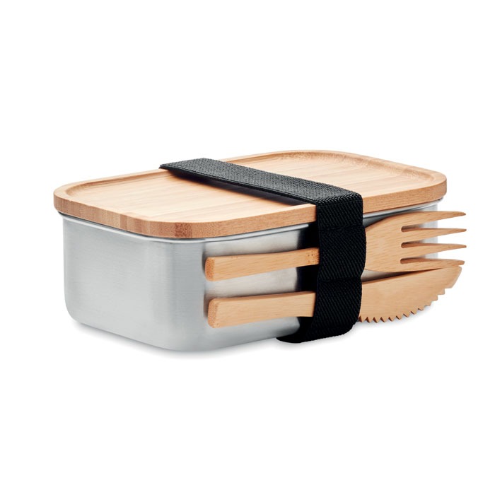 Metal luchbox with wooden lid and cutlery attached