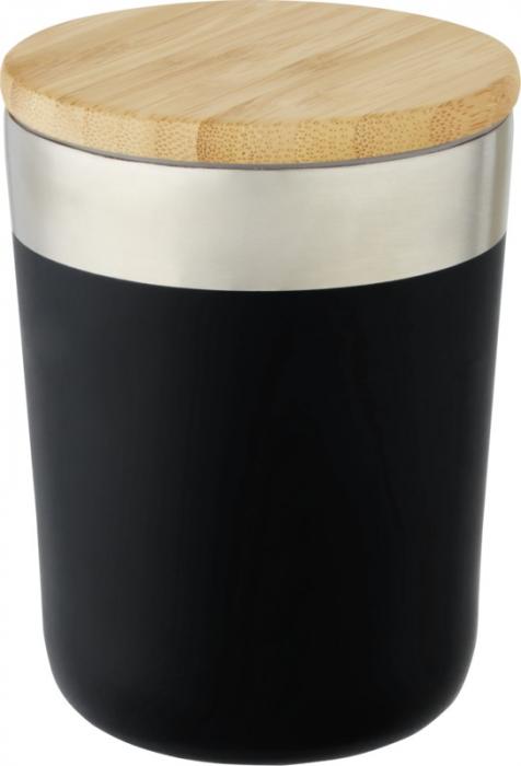 Small thermal mug with a black rubber exterior and wooden top