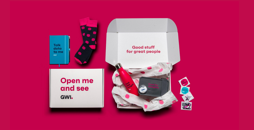 Image: Branded merchandise, socks, boxes, stickers and water bottles