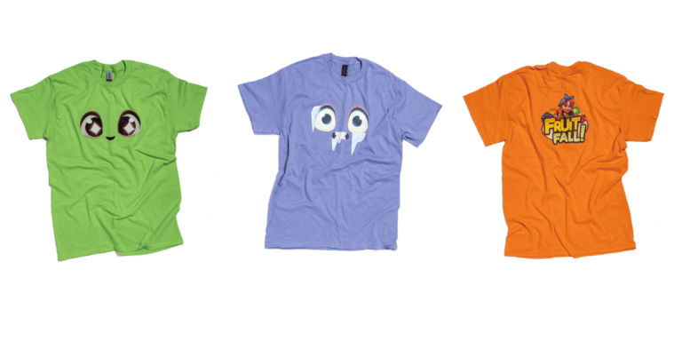 Image: Green, purple and orange tshirts with cartoon eyes, branded tshirts for Fruitfall