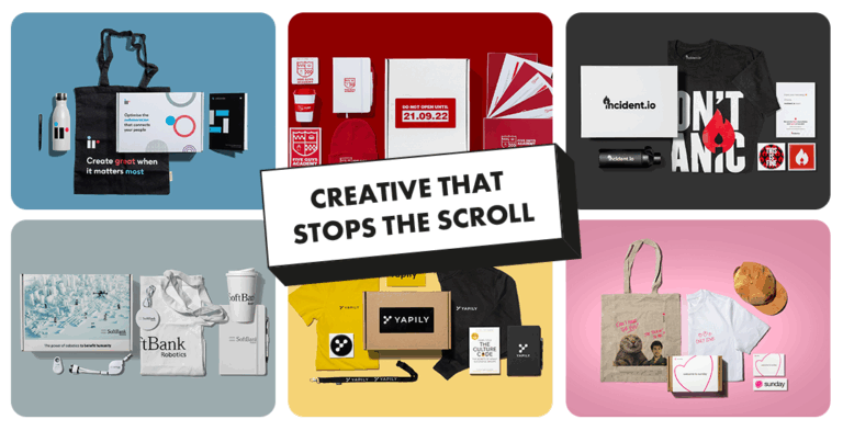 Image: Swag boxes including tshirts, tote bags and water bottles