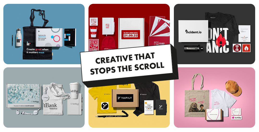 Image: Swag boxes including tshirts, tote bags and water bottles