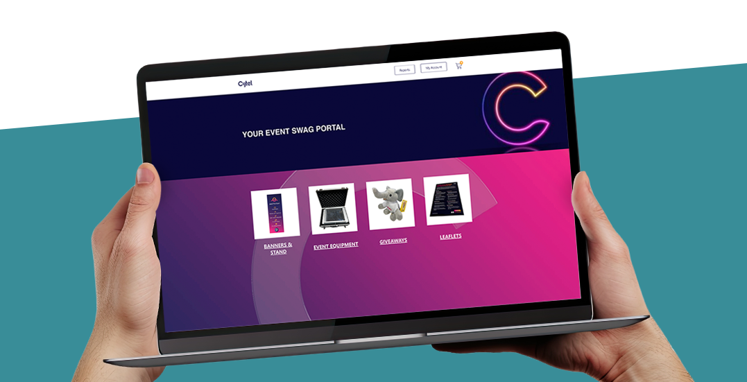 Image: Cytel Swag Portal which holds their branded merchandise for events, shown on a laptop screen