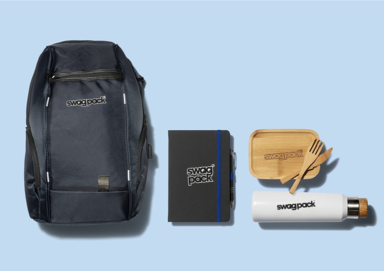 Image: Differnt types of branded exhibition merch showing a backpack, notepad, waterbottle