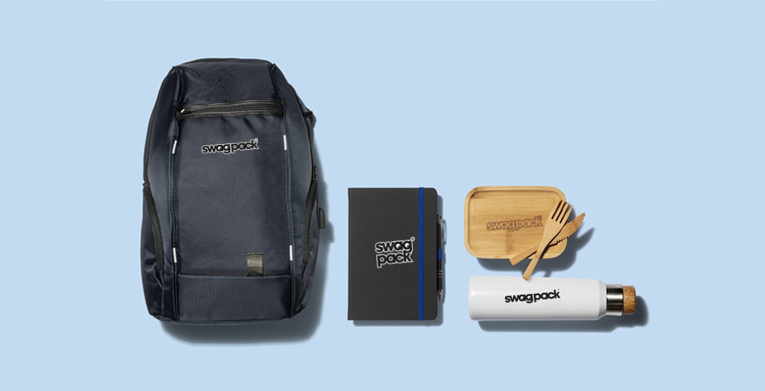 Image: Different types of branded exhibition merch showing a backpack, notepad, waterbottle