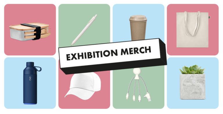 Image: Exhibition merch, with images of a bamboo lunchbox, waterbottle, baseball cap, USB charger in pink, green and blue squares