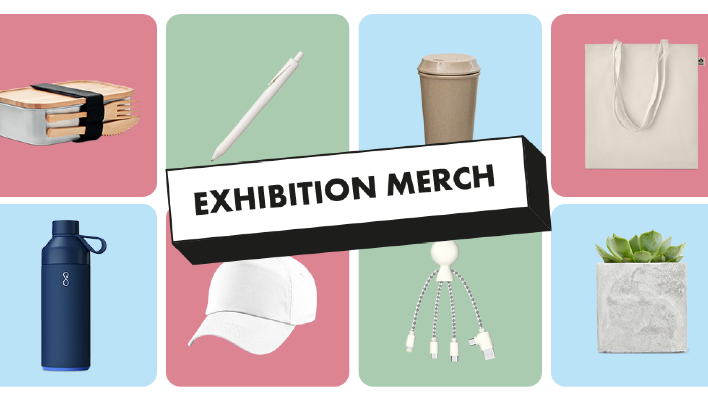 Image: Exhibition merch, with images of a bamboo lunchbox, waterbottle, baseball cap, USB charger in pink, green and blue squares